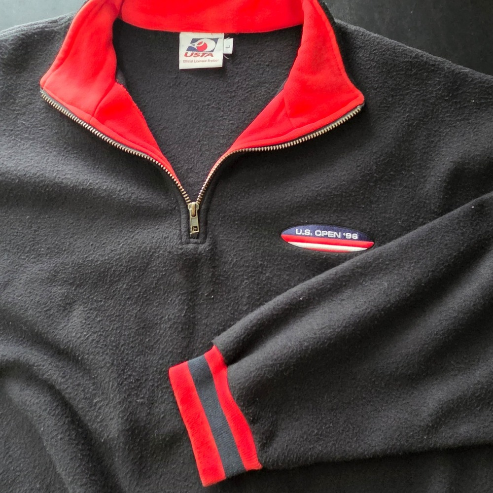 USTA Fleece Pullover Mens L Black Good 1996 US Open Quarter Zip Vintage Tennis